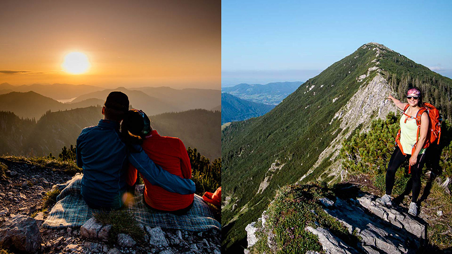 Zweigeteiltes Bild: Links ein Paar das Arm im Arm den Sonnenuntergang anschaut. Rechts eine Frau in Wanderkleidung in den Bergen